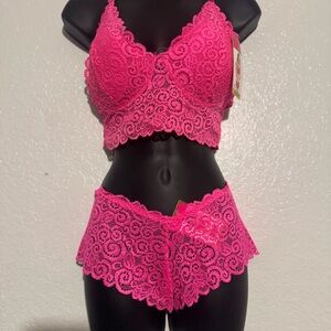 Hot Pink Lace Bralette with Intricate Floral Design
